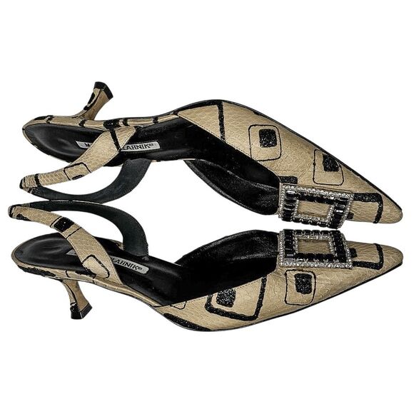 Manolo Blahnik Slingback Snakeskin Heels Black Crystal Buckle Beige Print 39.5 - Picture 8 of 13